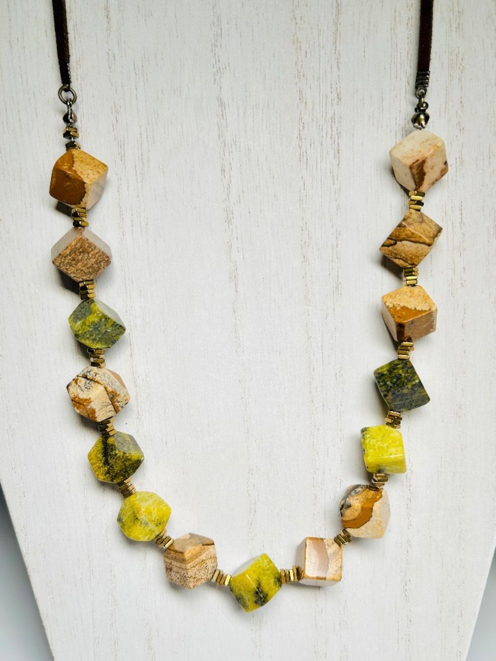 Artisan Handmade Cubed Brown and Green Jasper Vintage Necklace